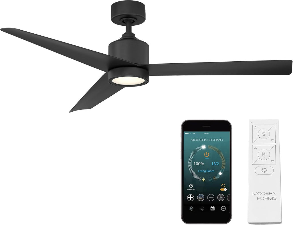 Modern Forms Lotus Smart Indoor and Outdoor 3-Blade Ceiling Fan 54in Matte Black with 3500K LED Light Kit and Remote Control worksworks with Alexa and iOS or Android App