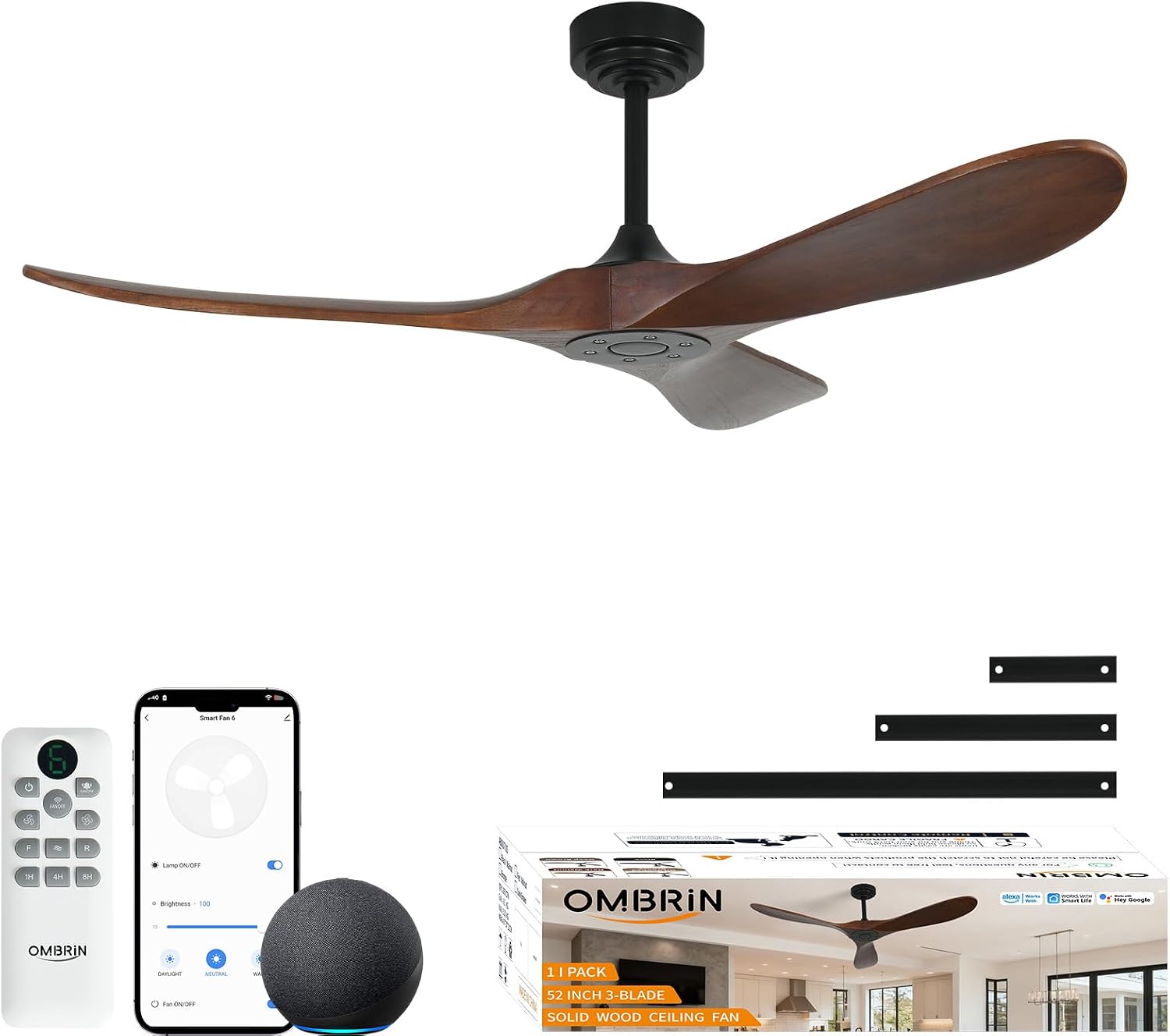 52 Inch Outdoor Ceiling Fan without Light, Smart Wood Ceiling Fan with Remote Control & Alexa/Google, 3 Blades High CFM for Patios Farmhouse Red Walnut