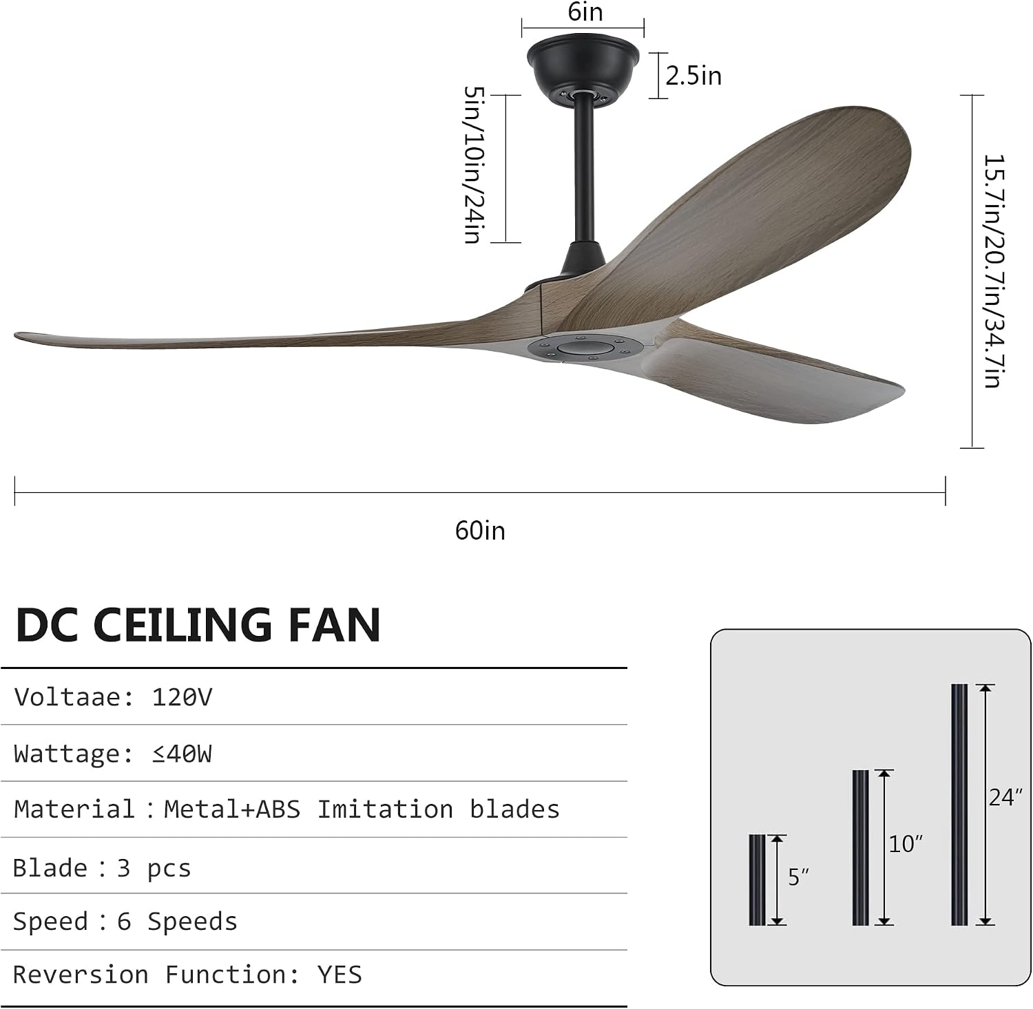 60 Inch Indoor/Outdoor Ceiling Fan with Remote Control, Modern Ceiling Fan with DC Quiet and Reversible Motor,3 ABS Imitation Wood Walnut Blades for Living Room,Farmhouse,Patio,Bedroom