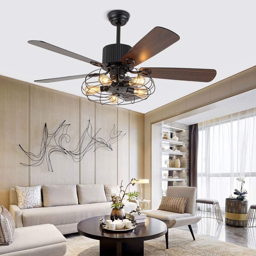 52 Inch Black Ceiling Fan with LED Light and Remote Control,Creative Design Chandelier Fan Light with 5 Wood Reversible Blades Black Metal Lampshades,Quiet Motor