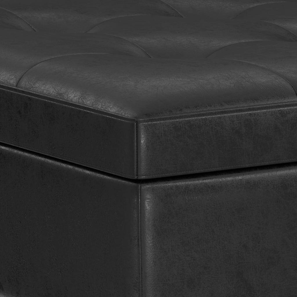 SIMPLIHOME Shay 38 inch Wide Mid Century Modern Large Square Coffee Table Storage Ottoman in Distressed Black Vegan Faux Leather, Assembled, for the Living Room and Entryway