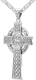 US Jewels Men's 925 Sterling Silver 43mm High Polished Irish Celtic Knot Cross Religious Pendant Necklace, 22in to 26in