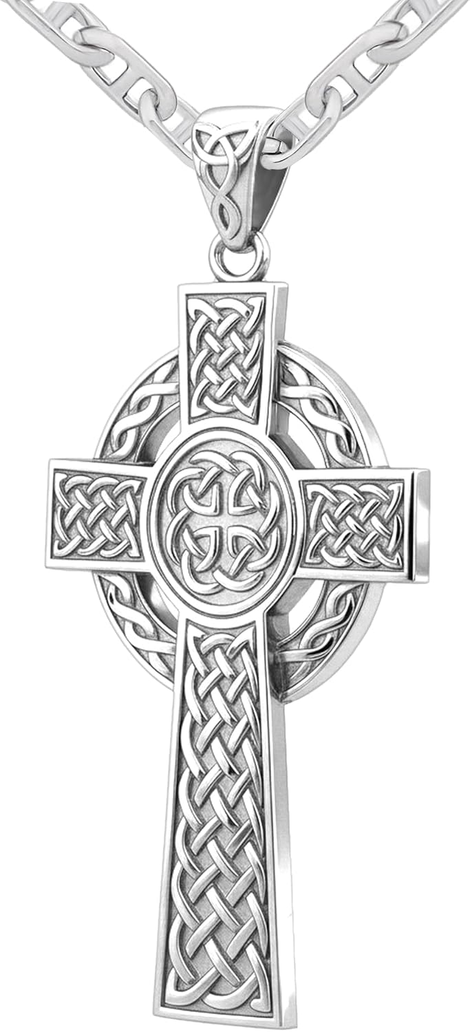 US Jewels Men's 925 Sterling Silver 43mm High Polished Irish Celtic Knot Cross Religious Pendant Necklace, 22in to 26in