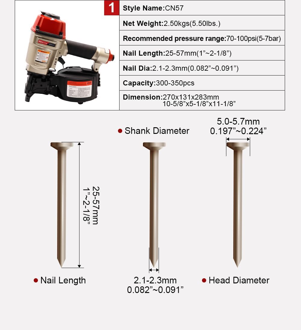 Coil Siding Nailer CN57, 15 Degree Professional Coil Nailer, 1 Inch to 2-1/4 inch Siding Nail Gun, Roofing Nail Gun for Siding Sheathing Fencing Decking Woodworking