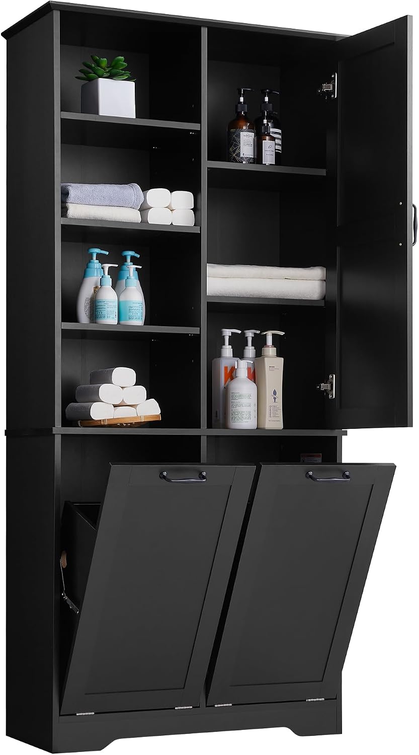 Merax Cabinet with Tilt-Out Laundry Hamper Basket, Tall Bathroom Storage Organizer Linen with Open Shelf for Home, Freestanding, Black