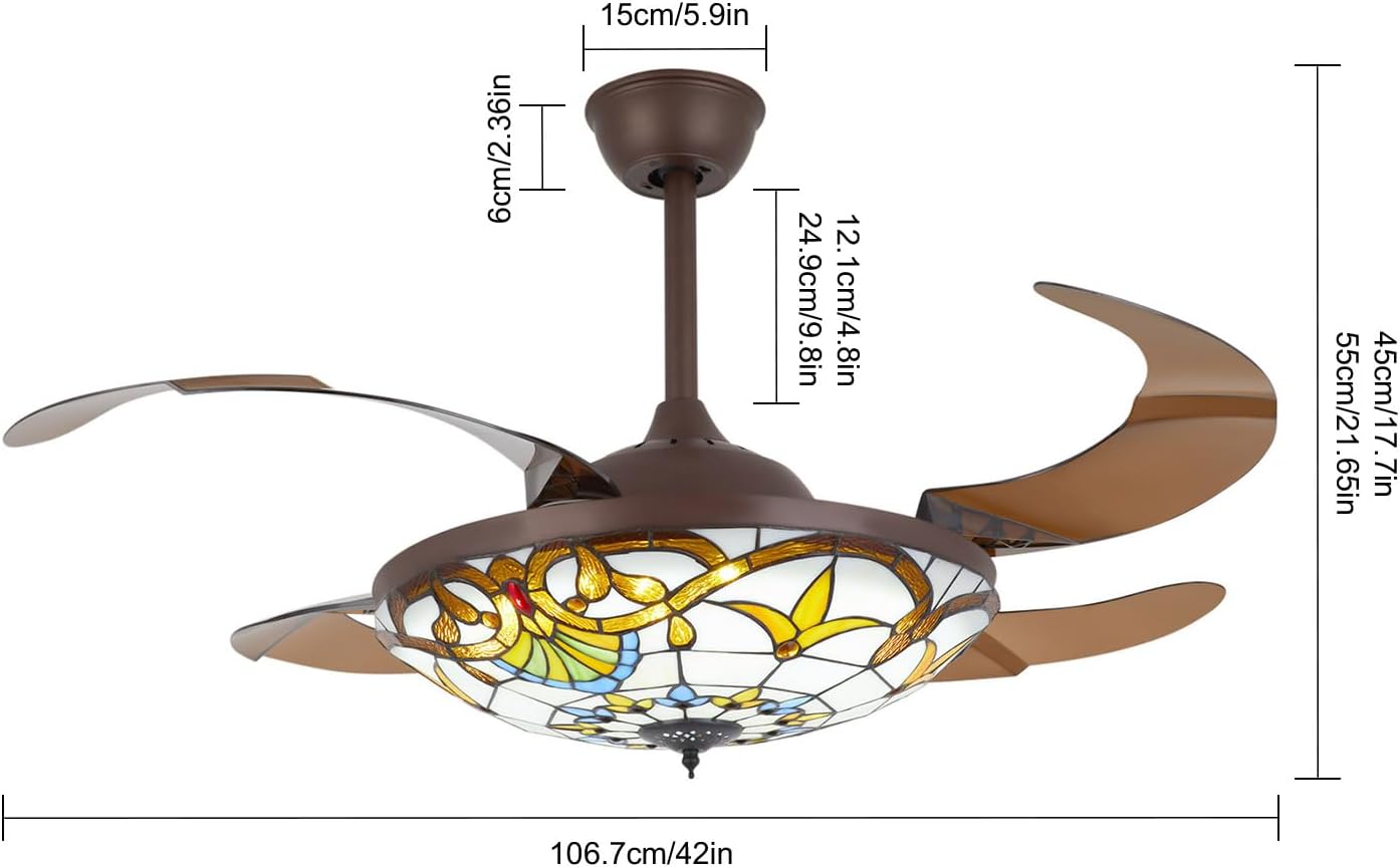 Retro 3 Color Ceiling Fan 3 Gear Wind Lights Ceiling Fan Chandelier with Remote Control, Flush Mount Ceiling Fan Lighting Fixture for Bedroom Store Office Loft-US Stock