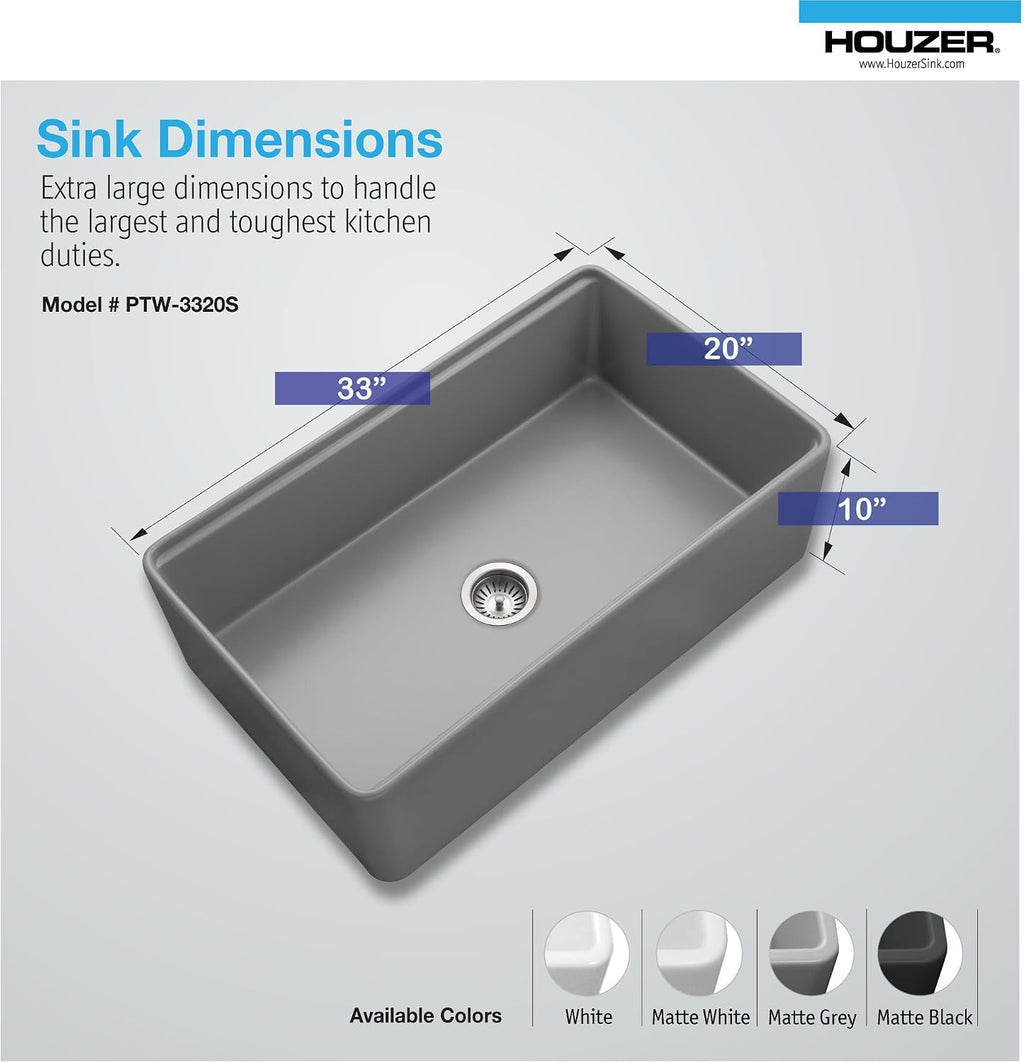 Houzer Aspire Gray Fireclay Workstation Sink: 33 Inch Farmhouse Apron Front Single Bowl Sink with Accessories, Durable & Versatile, Essential for Home & Apartment PTW-3320S GR