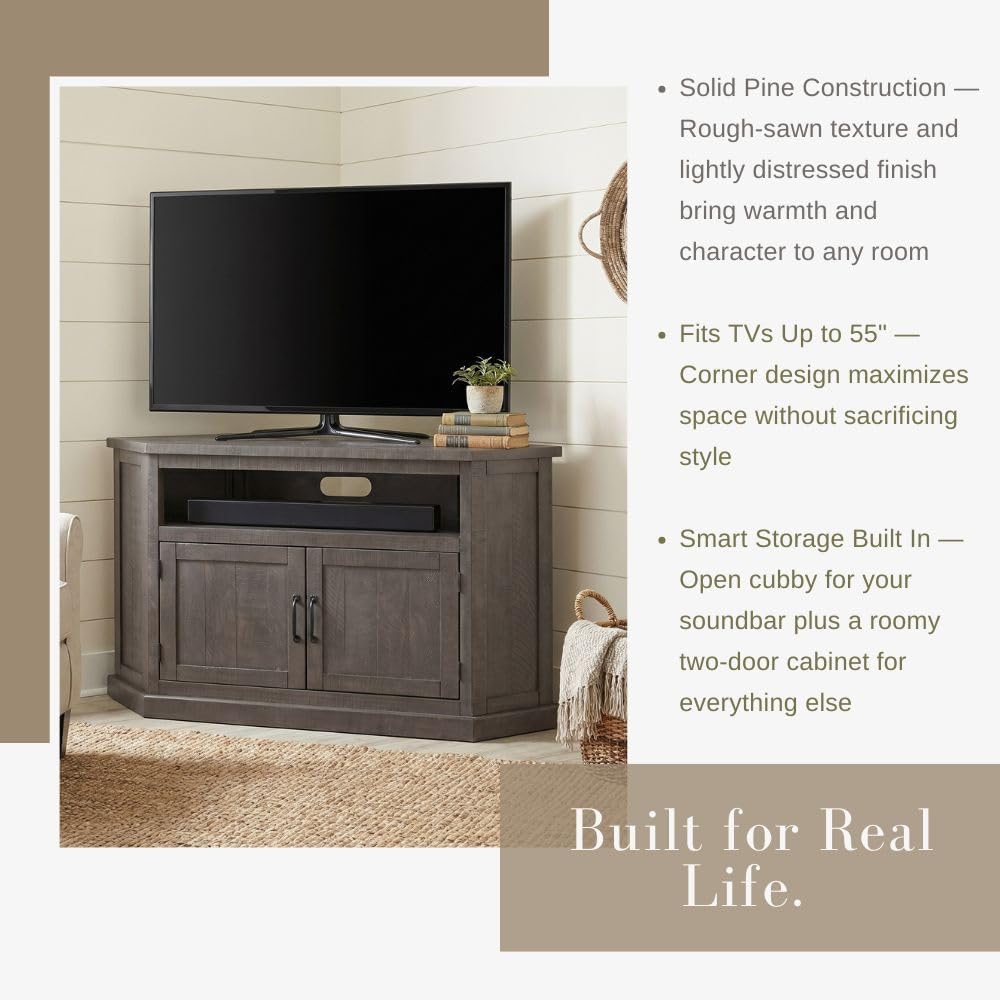 Martin Svensson Home Corner TV Stand - Grey Entertainment Center - Farmhouse Style - with Two Spacious Cabinets and Bottom Shelf for Storage