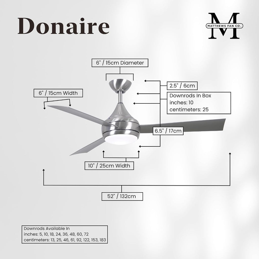 Matthews DA-BS-BS Donaire Outdoor Wet/Salt Water Rated 52' Marine-Grade Coastal Ceiling Fan with LED Light & Remote, Brushed Stainless