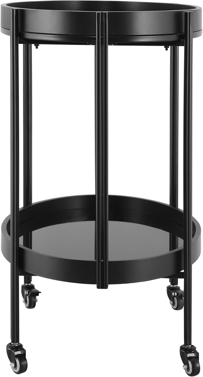 Christopher Knight Home Liz Bar Cart with Wheels, Oval Serving Cart with 2 Tempered Glass Shelves for Home Bar/Kitchen, 2 Tier Storage Drink Trolley, Beverage Cart with Metal and Wood Frame, Black