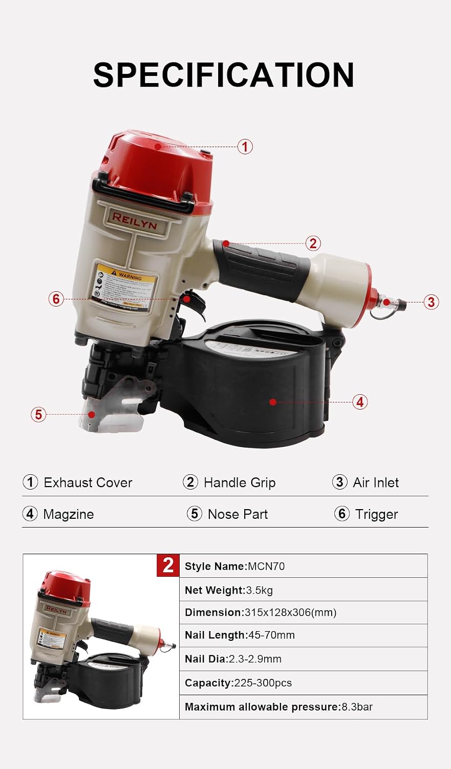 Coil Siding Nailer CN70, 1-3/4-inch to 2-3/4-inch Pneumatic Siding Nail Gun，Roofing Nail Gun for Siding Sheathing Wooding Fencing Decking
