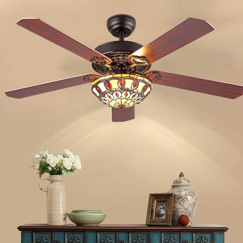 TFCFL 52' Ceiling Fan with Light, Tiffany Style Retro Stained Glass Chandelier Fan with Controller 4 Reversible Wood Blades 3-Speed (Black)