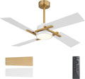 WINGBO 48 Inch Ceiling Fan with Light and Remote, 4 Plywood Blades, 6-Speed Reversible DC Motor, Dimmable, 3CCT, Farmhouse Ceiling Fan for Bedroom Living Room Kitchen, Brass and White/Oak