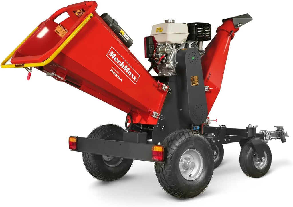 MechMaxx 6'' inch Honda 389cc 11.7HP Electric Start Gasoline Powered Engine 4-Wheels Towable Wood Chipper Shredder Mulcher with Towbar/Tail Light/Emergency Stop Button/Stop Bar, Model B150 Red
