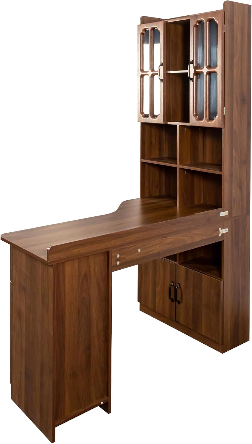 Jmyab L-Shaped Corner Computer Desk for Home Office, Study Modern Style Table with Drawer, Bookshelf Hutch Study Table, 2-in-1 L-Shaped Design, Large Working Space, Walnut
