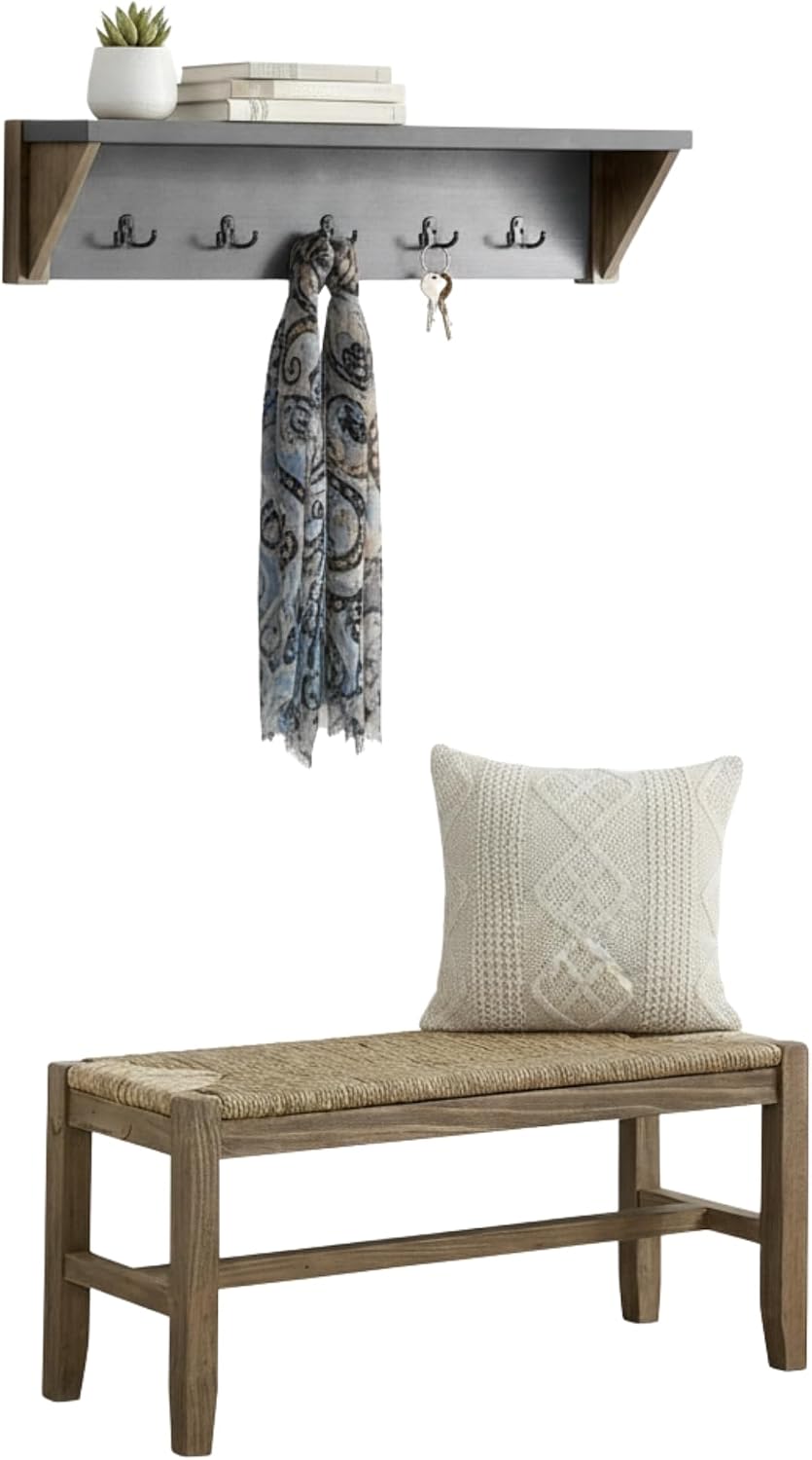 Alaterre Furniture Newport 40' Coat Hook with Shelf and Rush Bench Set