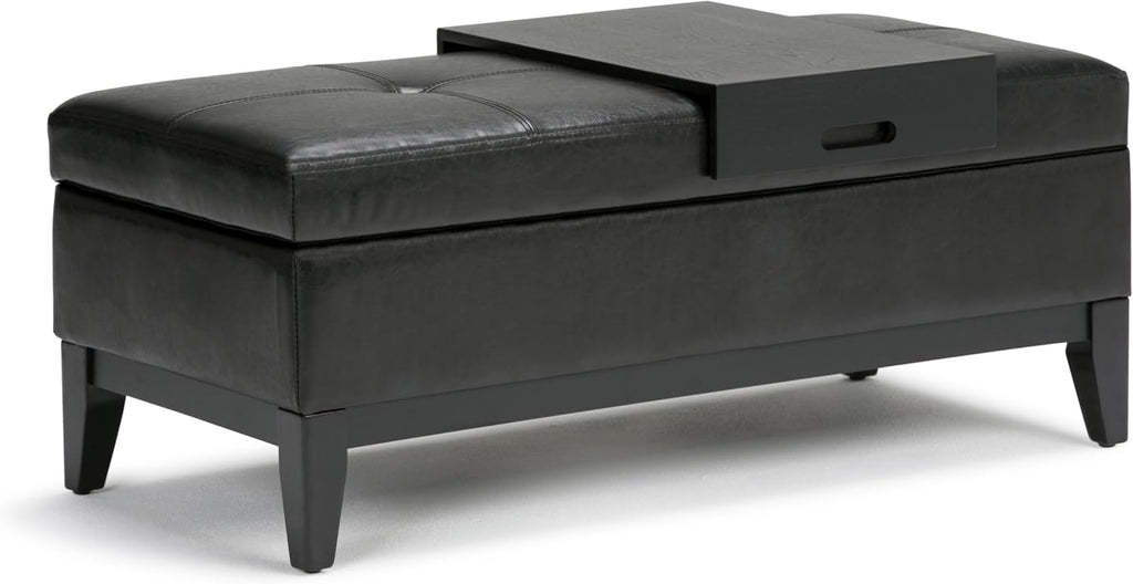 SIMPLIHOME Oregon Storage Ottoman Bench with Tray - 42 inch Wide Upholstered Vegan Leather Rectangle Ottoman Bench in Midnight Black, Transitional Tufted Ottoman for Living Room with Lift-Up Lid