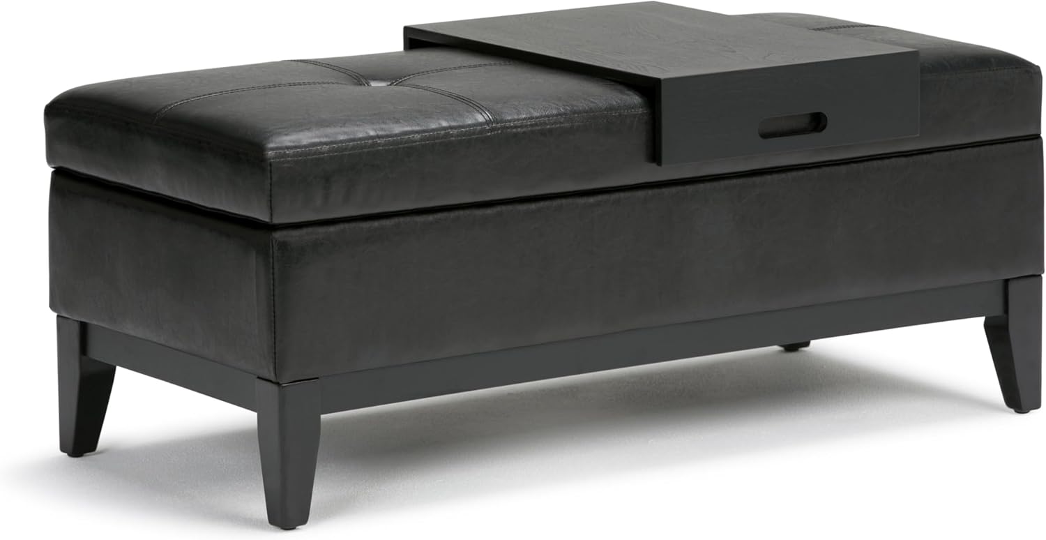 SIMPLIHOME Oregon Storage Ottoman Bench with Tray - 42 inch Wide Upholstered Vegan Leather Rectangle Ottoman Bench in Midnight Black, Transitional Tufted Ottoman for Living Room with Lift-Up Lid
