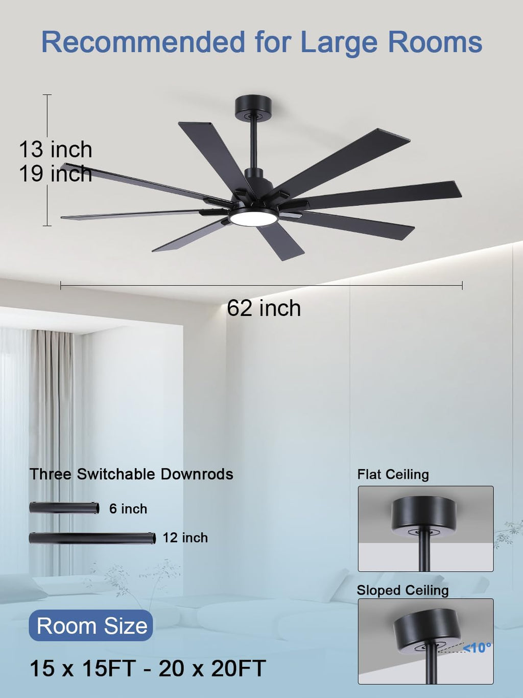 62 Inch Ceiling Fans with Lights and Remote, Pure Copper DC Motor Black Large Indoor/Outdoor Modern Industrial Ceiling Fan, Quiet, 6 Speed, 3CCT, for Patios Living Room Farmhouse Garage