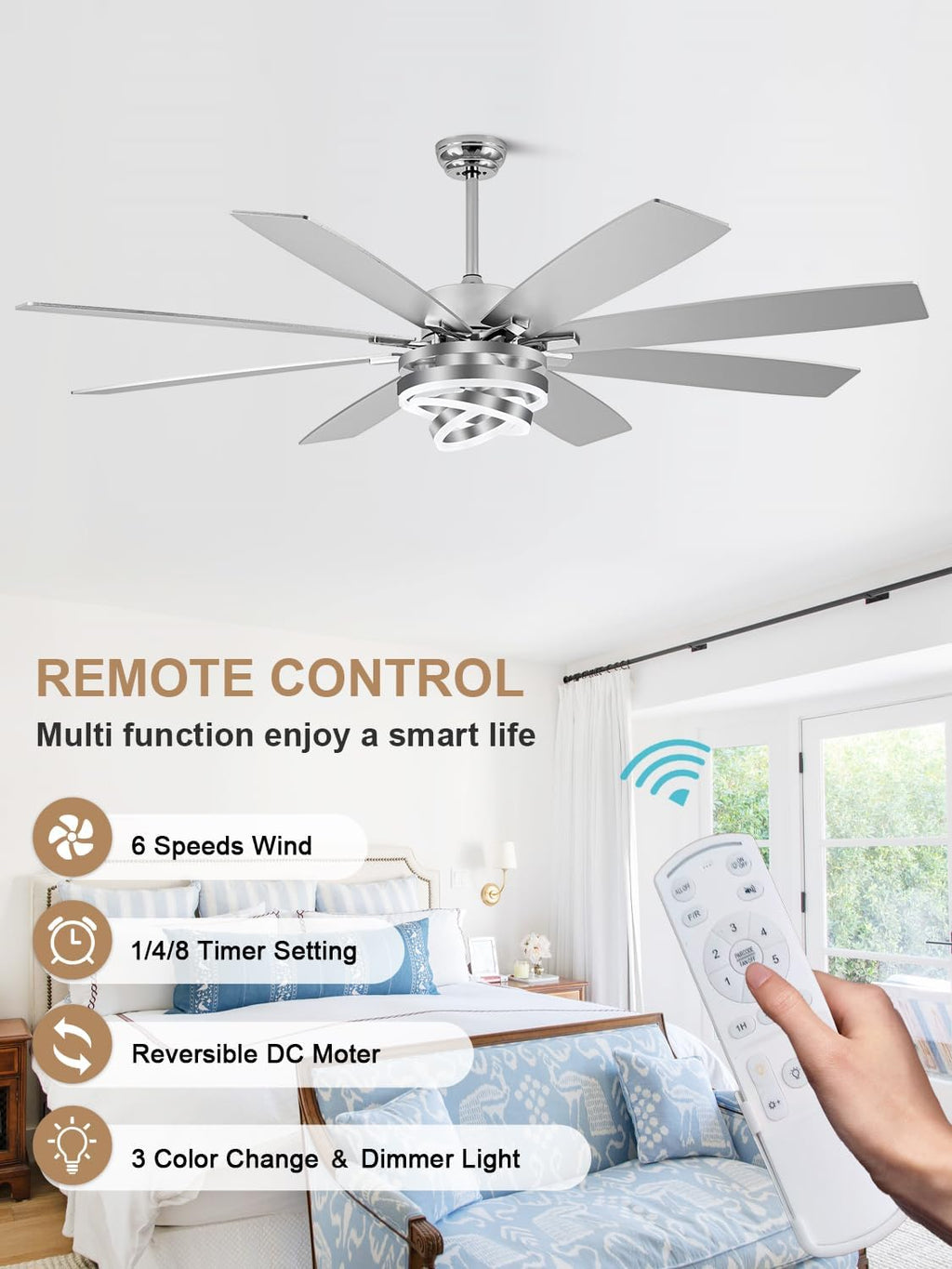 72 Inch Fandelier Ceiling Fan with Lights and Remote Large Modern Ceiling Fan Silver Chandelier Dimmable LED Light, Reversible Quiet DC Motor 3CCT 6 Speed for Living Room Indoor Outdoor