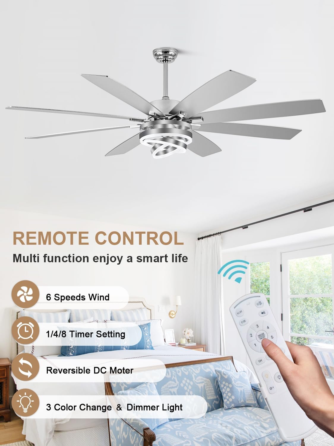 72 Inch Fandelier Ceiling Fan with Lights and Remote Large Modern Ceiling Fan Silver Chandelier Dimmable LED Light, Reversible Quiet DC Motor 3CCT 6 Speed for Living Room Indoor Outdoor