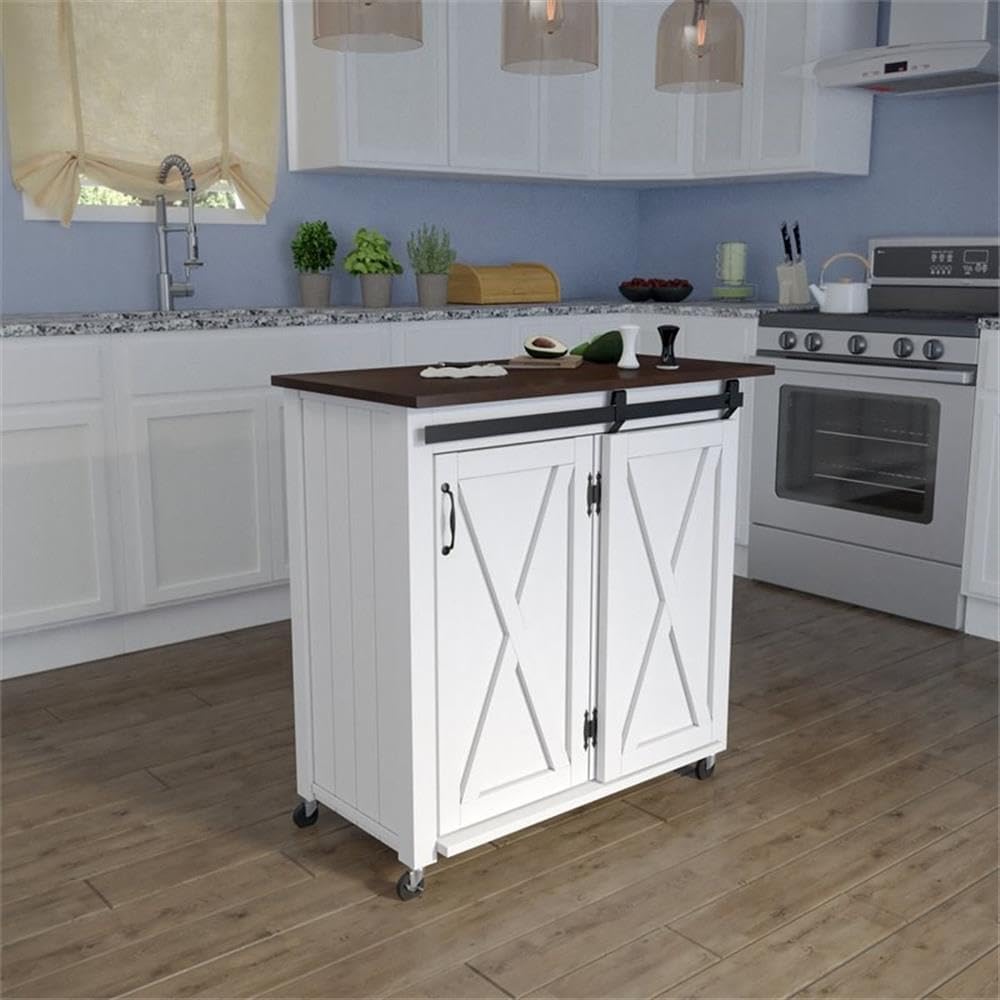 SEI Furniture - Leshire Barn-Door Kitchen Cart - White - Engineered Wood & Iron Metal - Farmhouse Design - Ideal for Kitchens, Kitchen Islands, Pantries, 35' W x 18' D x 35.75' H (KA1068834)