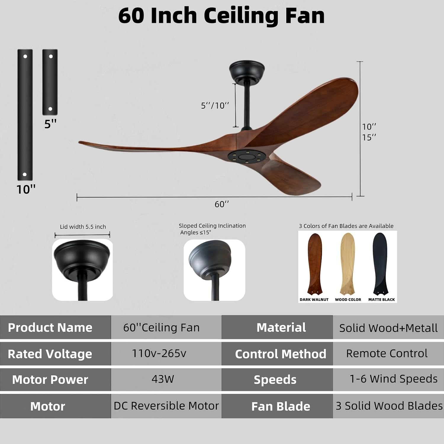 60 inch modern style ceiling fan with remote control, unlit outdoor large ceiling fan, silent dc motor for large living room, dining room, porch, farmhouse(Dark Walnut, 60 inch)