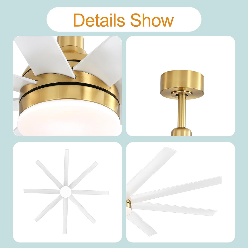 72 Inch Ceiling Fans with Lights and Remote, 8-Blade, Quiet Reversible DC Motor, 6-Speed, Timer Function, 3 Color Led Light Chandelier, Industrial Ceiling Fan for Bedroom Living Room (Gold & White)