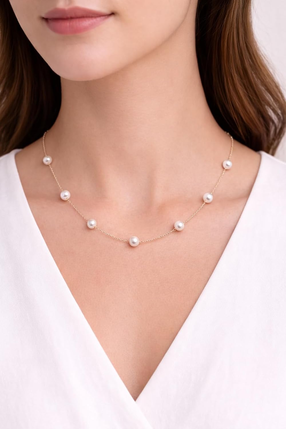 Belacqua Cultured Freshwater Pearl Station Necklace in 10K White or Yellow Gold,Size 6MM-7MM, 18 Inches Dainty Cable Chain, Real Jewelry for Women, Gift Box Included