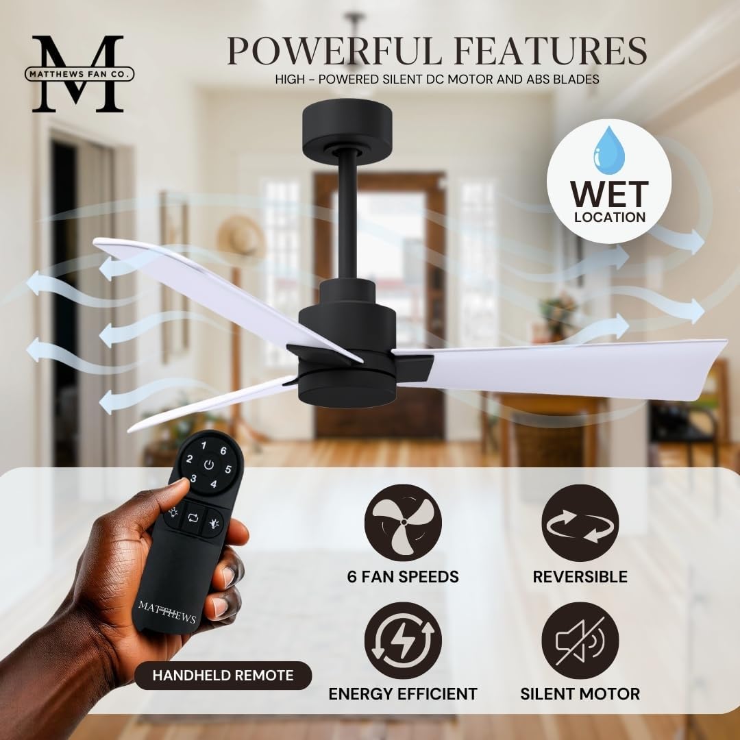 Matthews AK-BK-MWH-42 Alessandra Wet Rated 42' Outdoor Ceiling Fan without Light, Remote Included, Silent DC Motor, Matte Black with Matte White