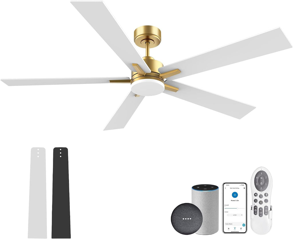 72' Large Smart Ceiling Fan with Lights Remote,Silent DC Motor,Control via Voice Alexa Google App,Outdoor Indoor Ceiling Fans for Large Modern Living Room Patio,Dimmable,5 Blades in Gold White Black