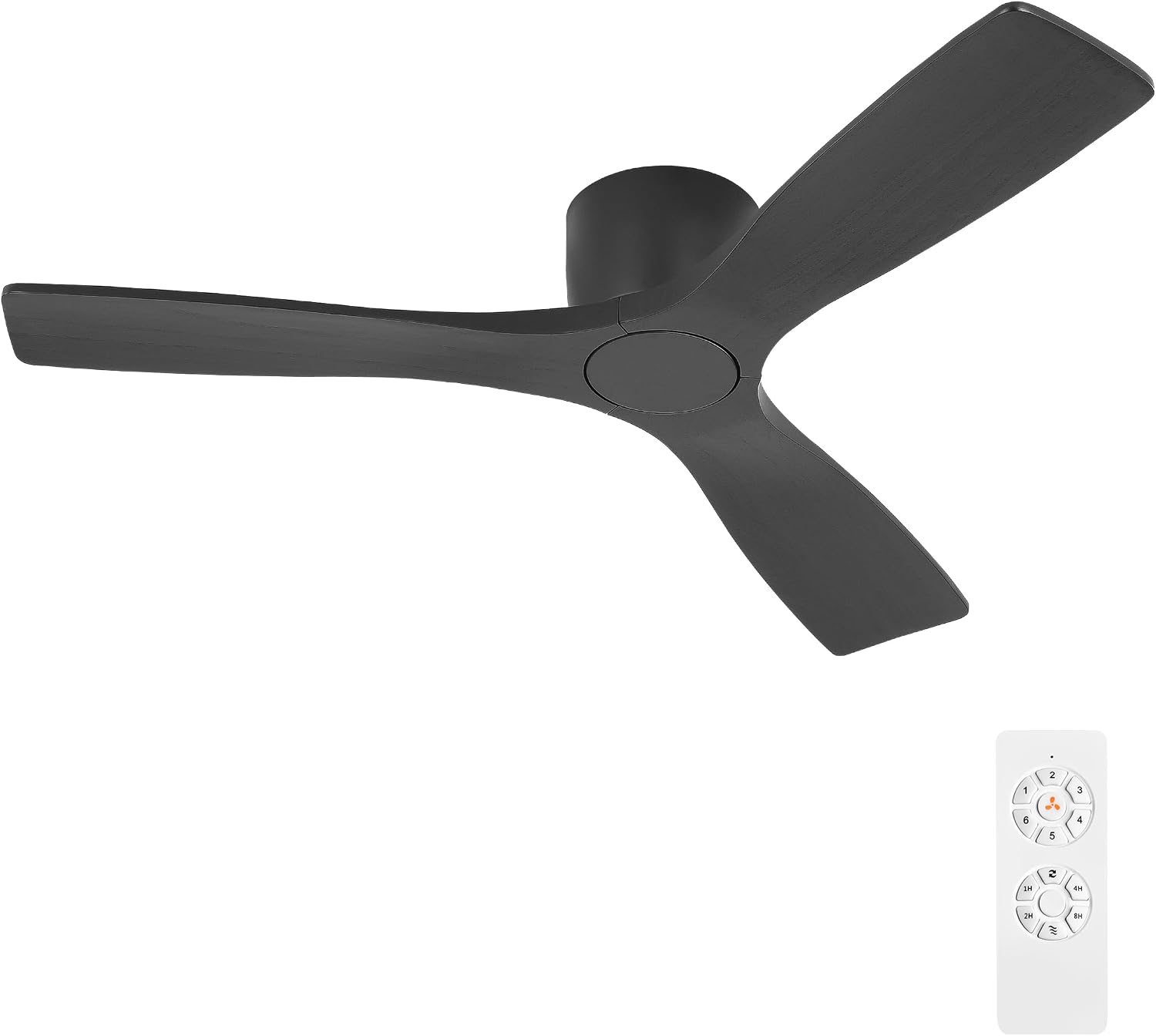 WINGBO 48 Inch Flush Mount DC Ceiling Fan without Lights, 3 Carved Wood Blades, 6-Speed Noiseless Reversible DC Motor, Hugger Ceiling Fan No Lights in Black Finish, ETL Listed