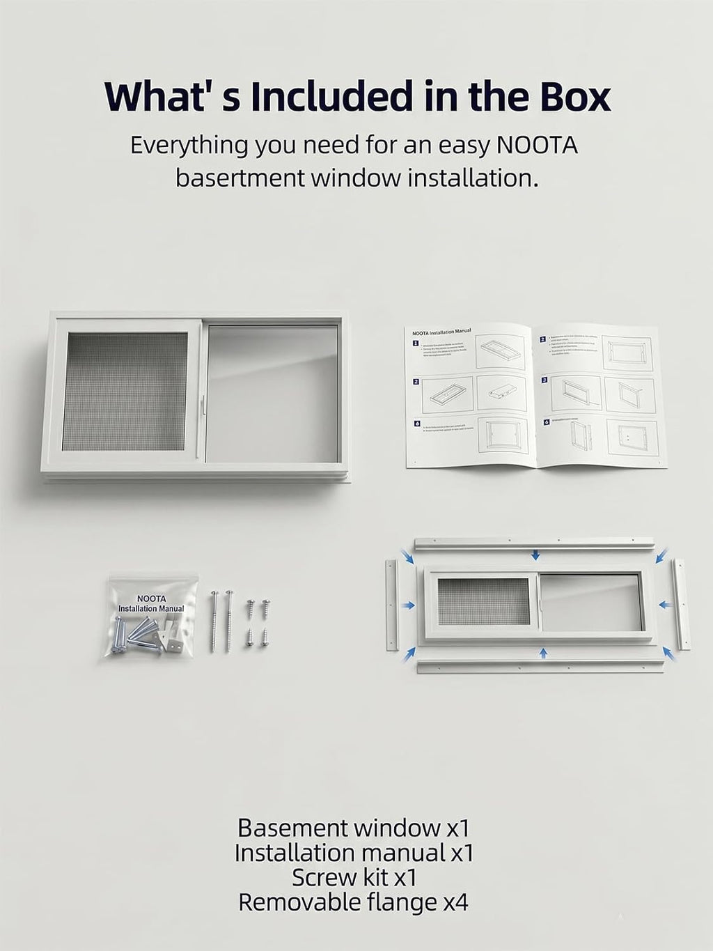 NOOTA EasyWing Basement Window 32' x 18' Double Tempered Glass, Removable Flange, Vinyl Basement Replacement Window