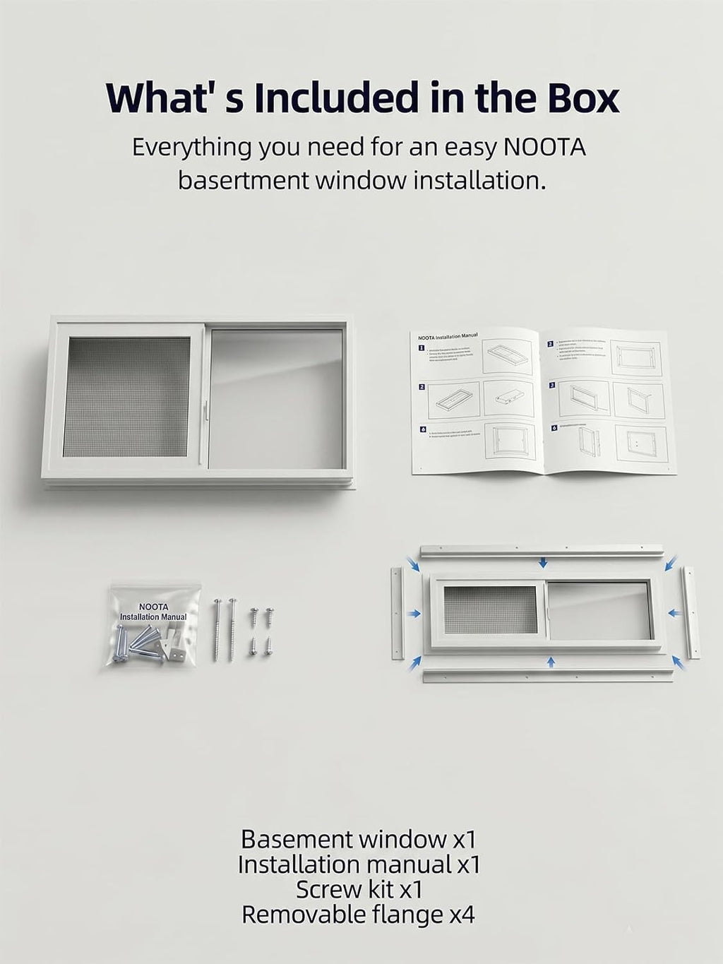 NOOTA EasyWing Basement Window 32' x 20' Double Tempered Glass, Removable Flange, Vinyl Basement Replacement Window