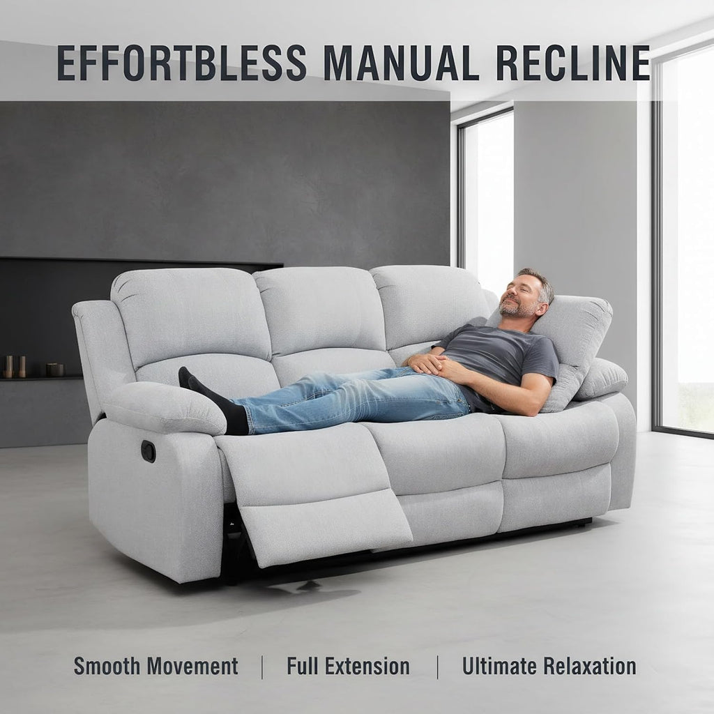 Manual Recliner Sofa Set, Linen Reclining Living Room Furniture Set, Adjustable Backrest Reclining Loveseat Sofa and a 3 Seater Couch Furniture Set for Living Room, Home Theater, White Grey