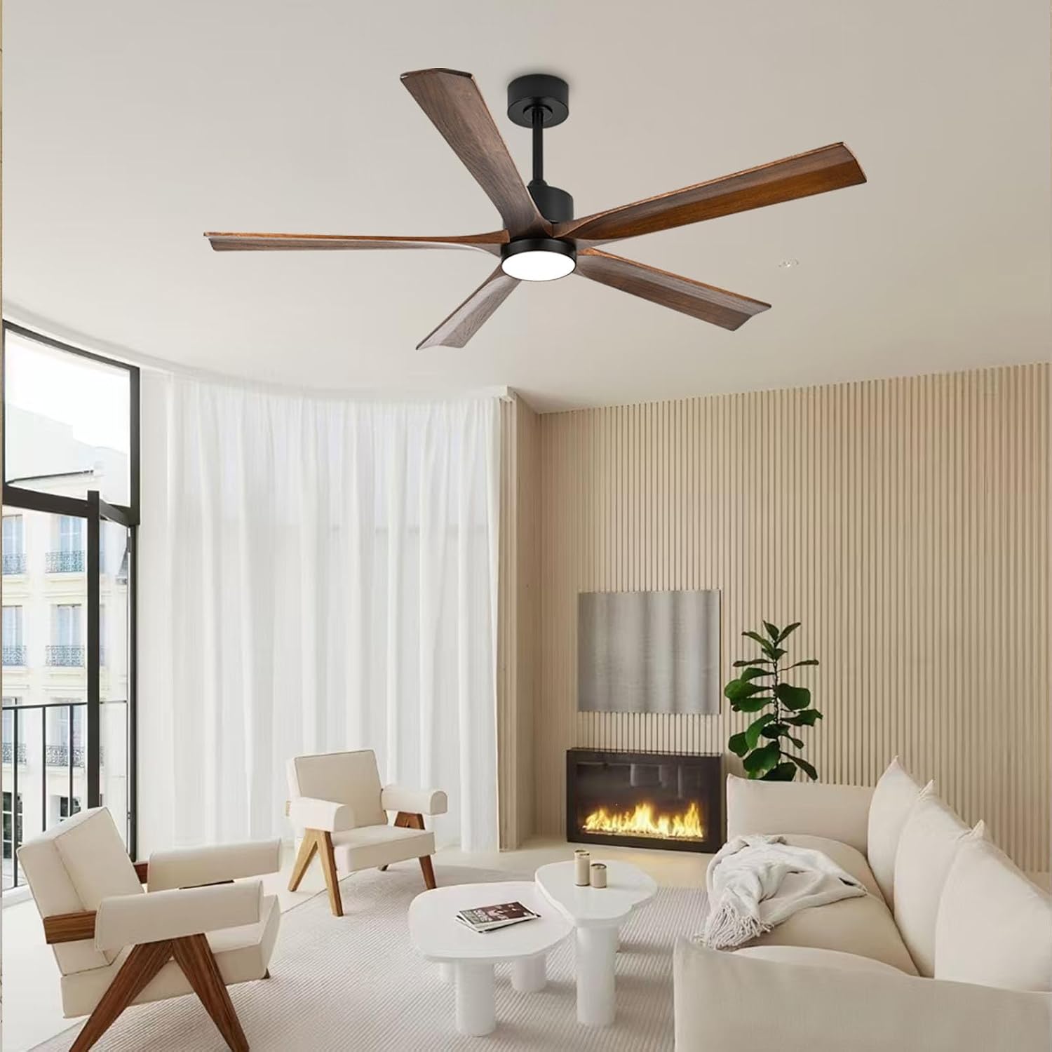 heimo 60 Inch Ceiling Fans with Lights and Remote T2, Wood Indoor Outdoor Ceiling Fan with Light for Patios Living Room Bedroom 5 Blades Large Mid Century Modern Waterproof Outside Fan (Walnut)