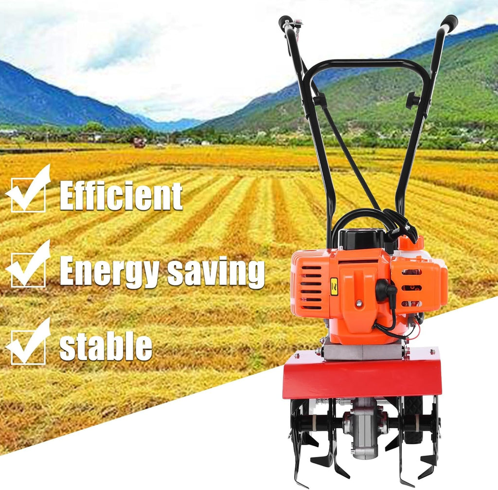 7.9-inch Tiller Cultivator,52cc 2 Stroke Gas Powered Petrol Cultivator,9000RPM 1.2L Fuel Tank 6-inch Working Depth,Tilling Width Digging 3HP/1.65kW,Garden Mini Tiller Accessory Orange
