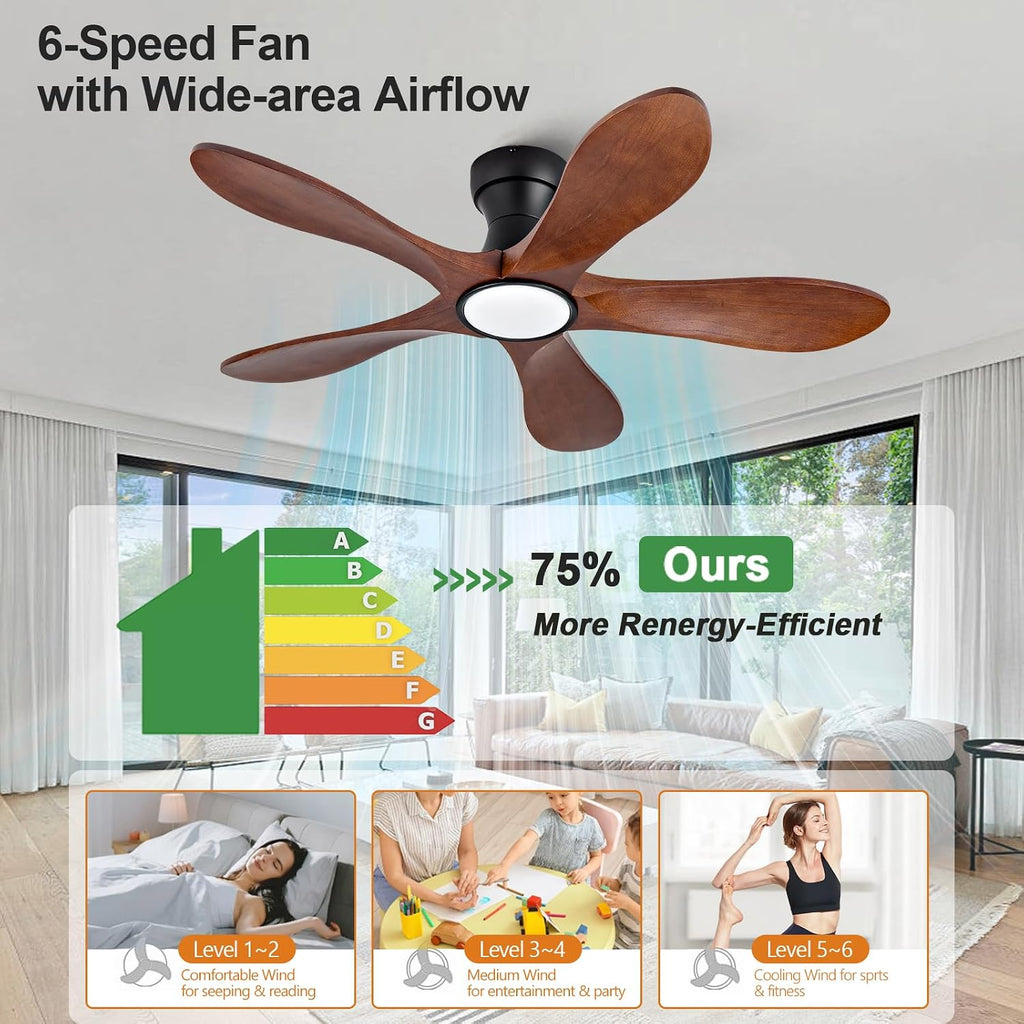 42 Inch Flush Mount Ceiling Fans with Lights and Remote, Dimmable 5 Blade Wood Outdoor Ceiling Fan Outdoor Fans for Patios Low Profile Modern Ceiling Fan with Light for Bedroom Living Room