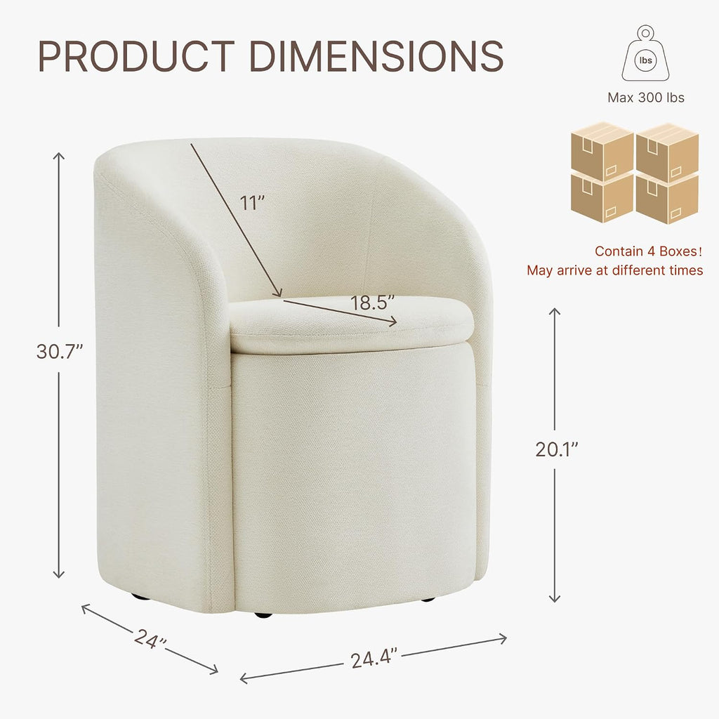 KISLOT Upholstered Dining Chairs with Casters, No Assembly Rolling Modern Dining Room Chairs with Hidden Storage & Barrel Backrest, Accent Chair for Bedroom, Living Room, Dressing, Linen, Set of 4