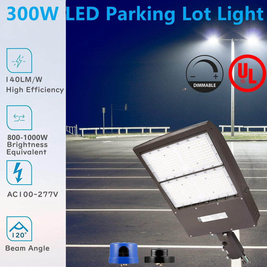 300W Dimmable LED Parkig Lot Light with Slip Fitter, 5000K 42000Lm 1000W HPS/HID Equiv., [Dusk to Dawn Photocell&Shorting Cap Included] UL Outdoor Commercial LED Parking Lot Lighting Fixture