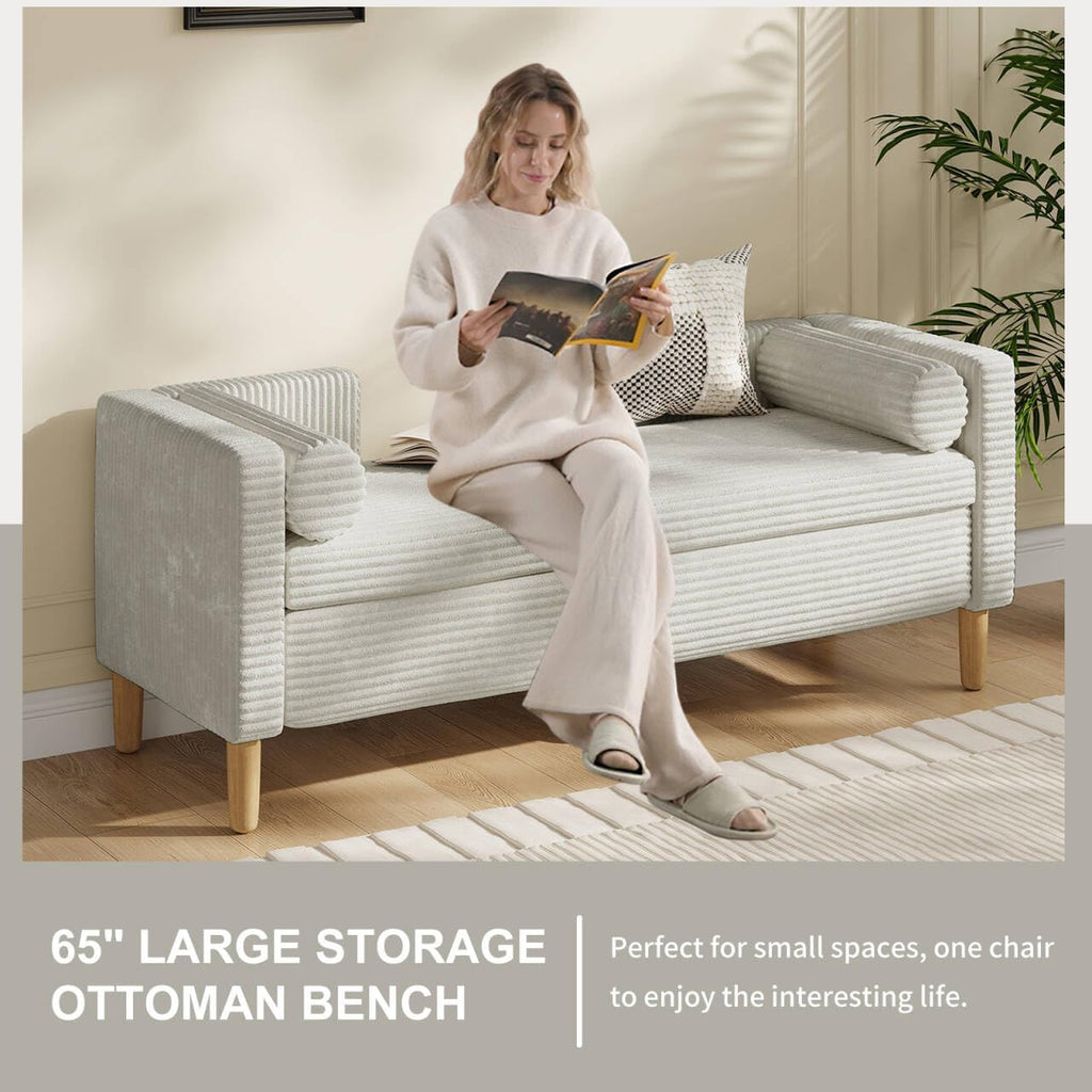 NIOIIKIT 65' Large Storage Ottoman Bench with 2 Pillows, Corduroy Upholstered Entryway Bench with Wood Leg, End of Bed Bench with Straight Armrest, Window Bench for Bedroom, Entryway (Light Grey)
