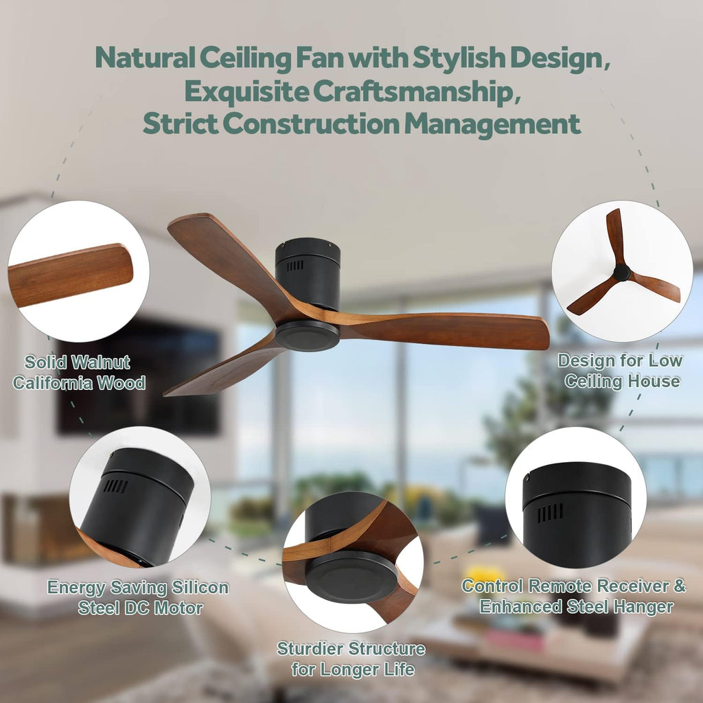 52 Inch Ceiling Fan, Ceiling Fan Without Light, Solid Wood Blades, 3 Fan, Remote Control, Reversible DC Motor, 6 Speeds, Wooden Flush Mount Fan For Bedroom, Covered Patio