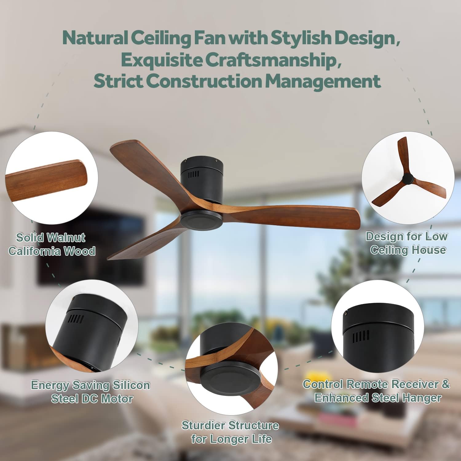 52 Inch Ceiling Fan, Ceiling Fan Without Light, Solid Wood Blades, 3 Fan, Remote Control, Reversible DC Motor, 6 Speeds, Wooden Flush Mount Fan For Bedroom, Covered Patio