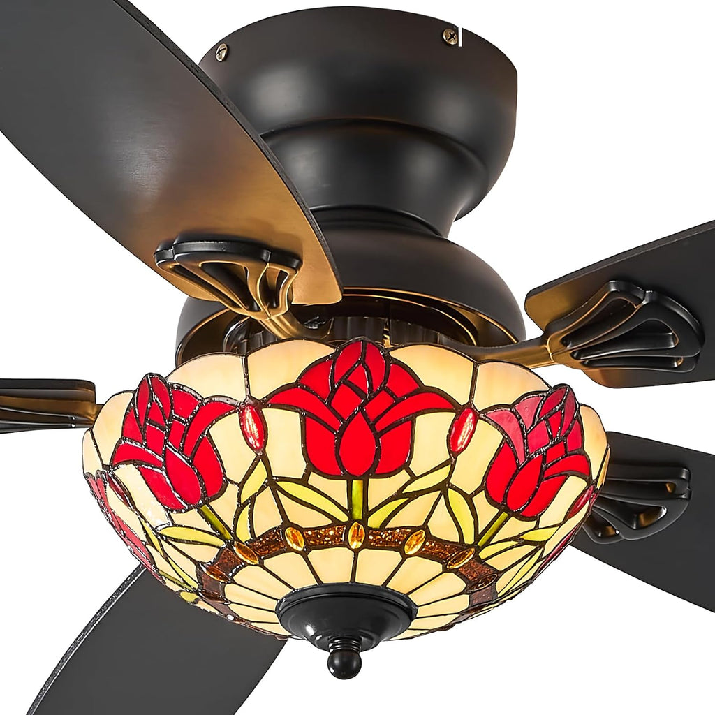 Tiffany Ceiling Fans with Lights - 48' Ceiling Fan Chandelier with 5 Dual-Blades and Glass Shade, 6 Speeds and Reversible, Indoor and Outdoor, Retro Style