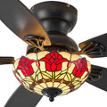 Tiffany Ceiling Fans with Lights - 48' Ceiling Fan Chandelier with 5 Dual-Blades and Glass Shade, 6 Speeds and Reversible, Indoor and Outdoor, Retro Style