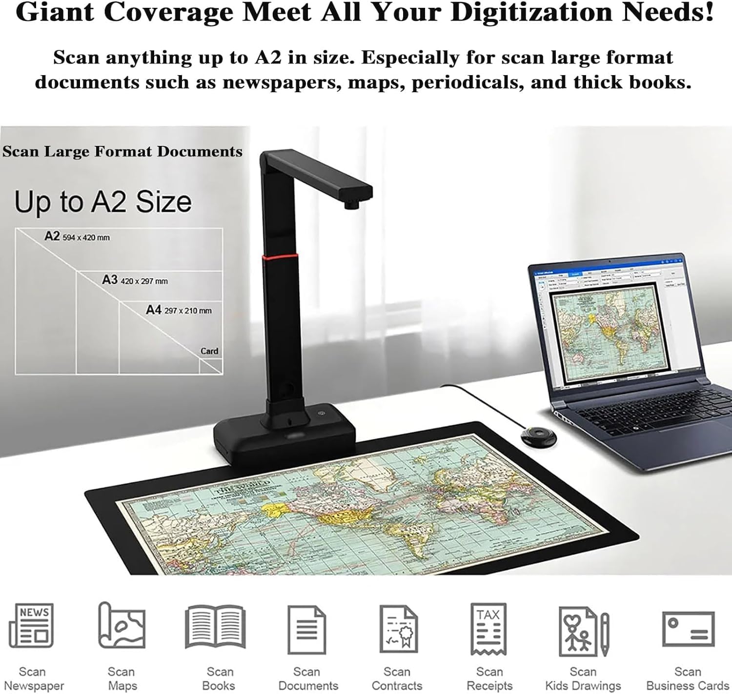 Large Format Book Scanner, Capture Size A2, 23MP High Resolution, with Auto-Flatten, Fingerprint Removal Technologies, Adjustable Height, Multi-Language OCR