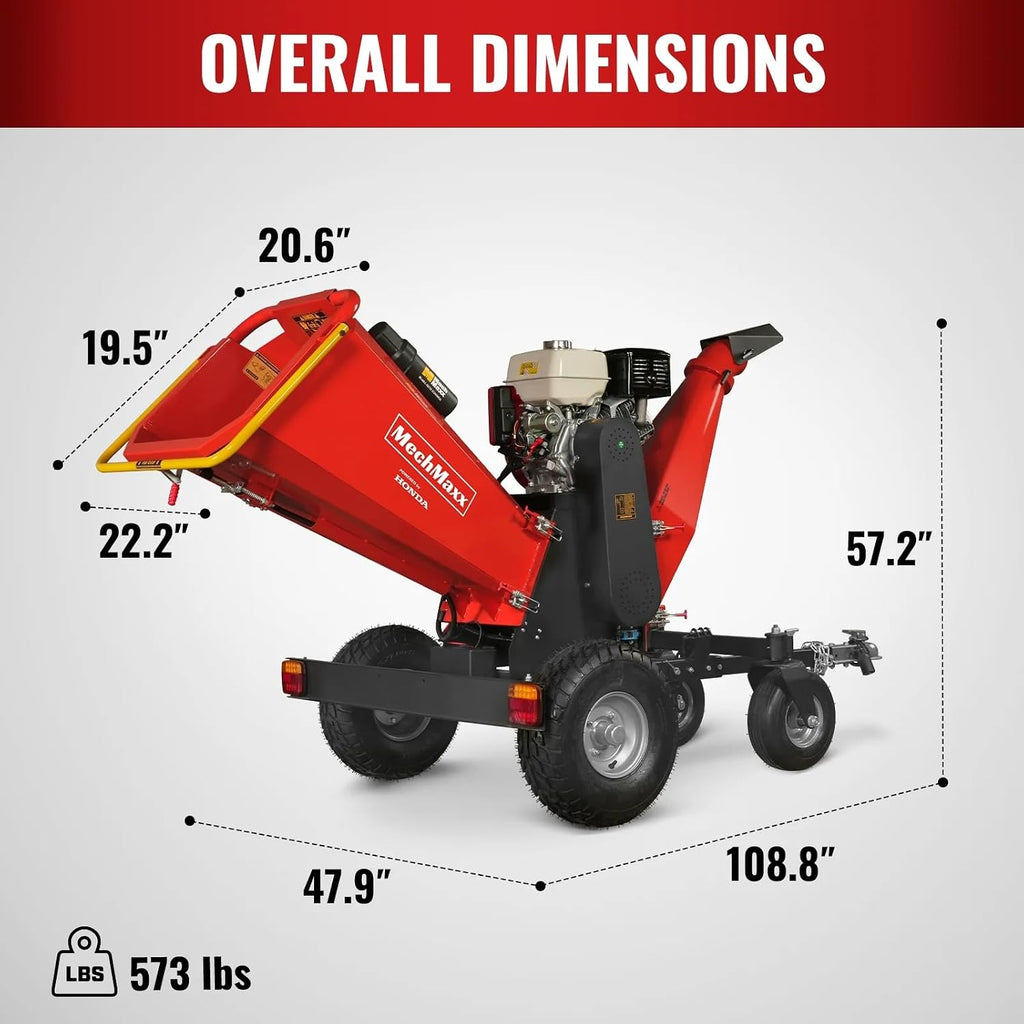 MechMaxx 6'' inch Honda 389cc 11.7HP Electric Start Gasoline Powered Engine 4-Wheels Towable Wood Chipper Shredder Mulcher with Towbar/Tail Light/Emergency Stop Button/Stop Bar, Model B150 Red
