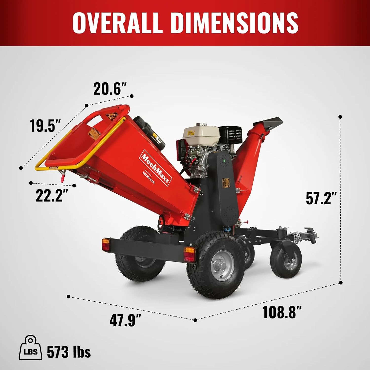 MechMaxx 6'' inch Honda 389cc 11.7HP Electric Start Gasoline Powered Engine 4-Wheels Towable Wood Chipper Shredder Mulcher with Towbar/Tail Light/Emergency Stop Button/Stop Bar, Model B150 Red
