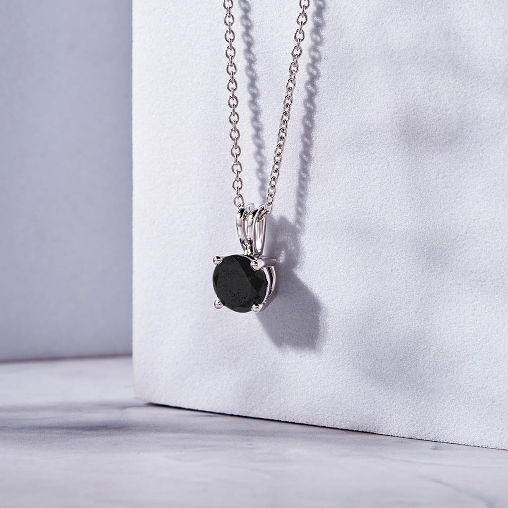 DEWBERRY 1/4 cttw to 2.00 cttw Round Black Diamond Solitaire Pendant Necklace for Women Men | 4 Prong Lobster Lock 18' Cable Chain Necklace in 14KT White or Yellow Gold Plating 925 Silver Pendant