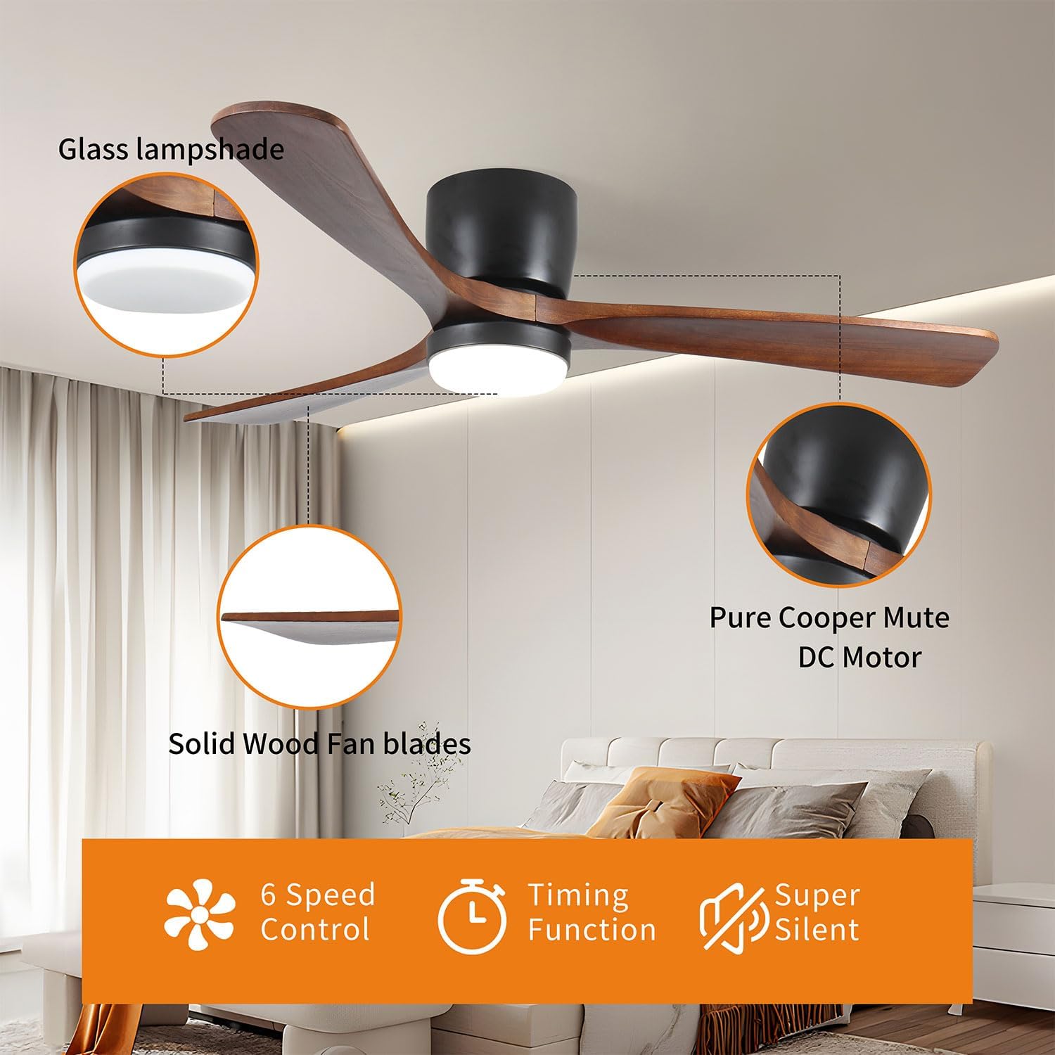 Ceiling Fan with Light 42 Inch, Flush Mount Low Profile Fan with Remote & App, Quiet DC Motor, 6 Speeds, Reversible Modern Fan for Bedroom Living Room Patio, Black dark Walnut